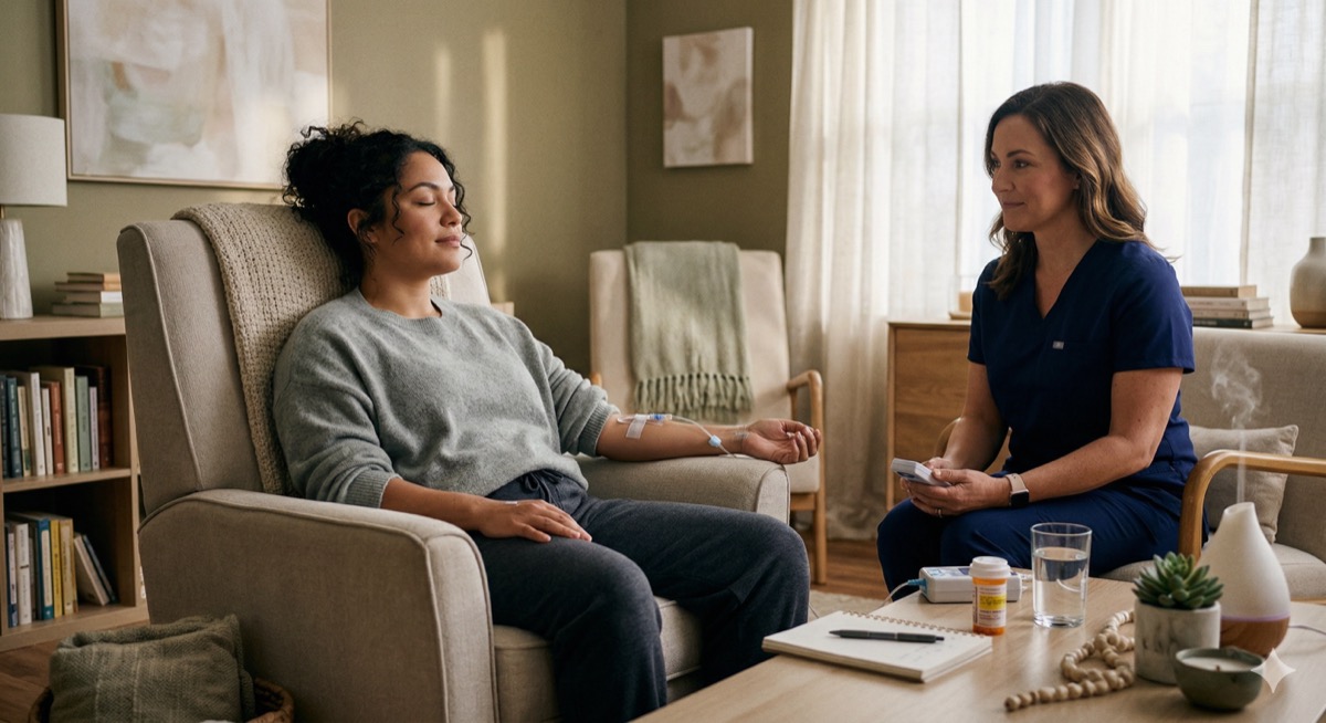 Person in a calm room during an at-home ketamine therapy session for PTSD